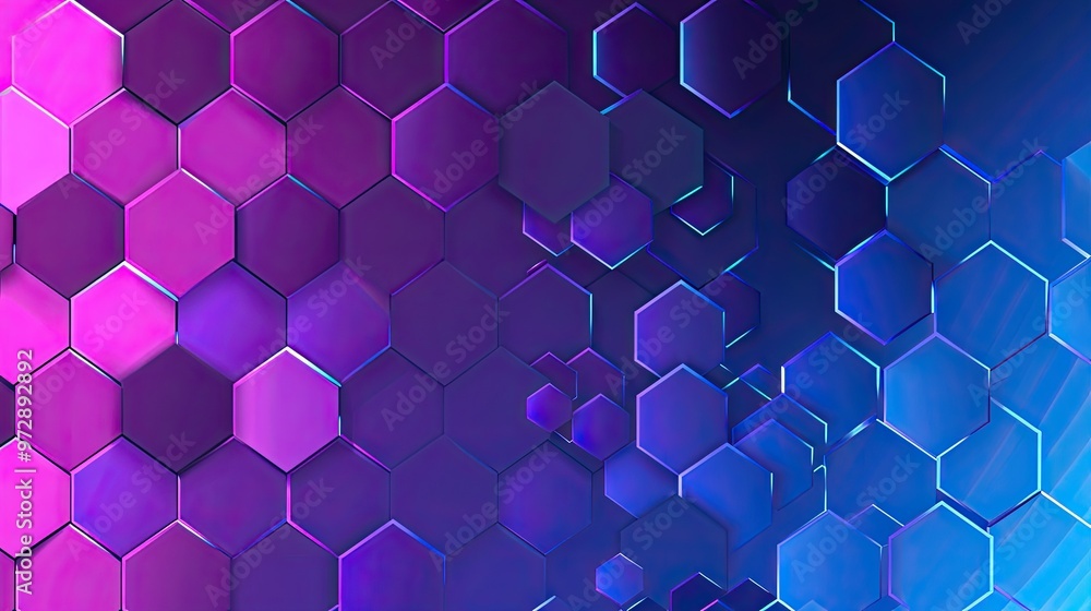Poster a vibrant hexagonal pattern blending shades of purple and blue, creating a modern and dynamic visual