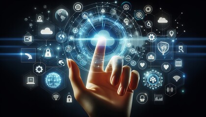 The image shows a hand interacting with a futuristic holographic interface composed of various icons and symbols representing connectivity, data and technology. It suggests advanced user interaction w