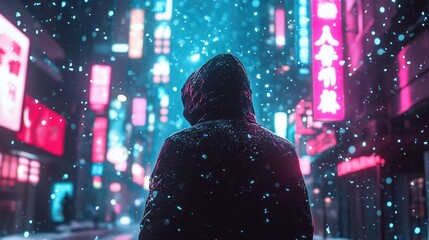 A hooded figure walks through a snowy, neon-lit city street at night.