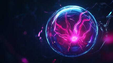 Obraz premium Abstract sphere with blue and pink neon lights.