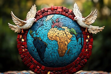 A mosaic of peace doves flying over a globe, promoting the idea of Soviet peace efforts on the global stage
