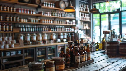 Artisan food shop interior with various gourmet products