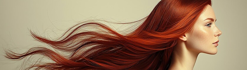 Fototapeta premium A striking portrait of a woman with flowing red hair captured in profile against a neutral background, showcasing beauty and elegance.