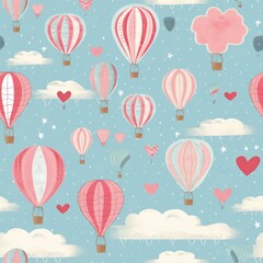 Charming pastel hot air balloons floating in a whimsical sky with clouds and trees. Ideal for nursery decor and print.