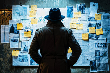 Detective looking at evidence board, back turned, mystery, crime