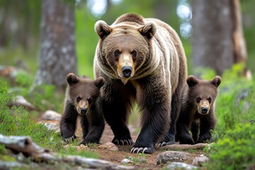 Fototapeta premium A mother bear and her cubs foraging in a forest, teaching them how to find food while staying alert for potential threats