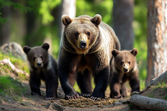 A mother bear and her cubs foraging in a forest, teaching them how to find food while staying alert for potential threats