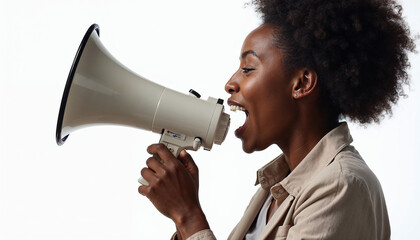 Close-up of an African American woman with a megaphone, making a powerful announcement.