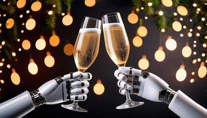 Dos manos de robot brindando con copas de cava burbujeante en sus manos , celebrando la navidad en diciembre sobre un fondo navideño de fiesta, minimalista, 2024