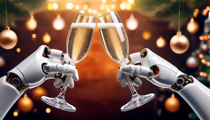 Dos manos de robot brindando con copas de cava burbujeante en sus manos , celebrando la navidad en diciembre sobre un fondo navideño de fiesta, minimalista, 2024