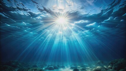 Sunbeam shining vertically through abstract underwater backgrounds in the sea, sunbeam, vertical, abstract, underwater, background