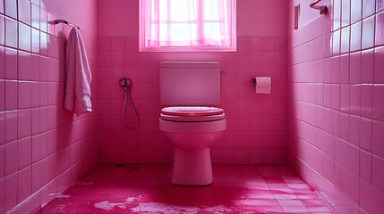 A vibrant pink bathroom featuring a toilet, tiles, and a window with sheer curtains.