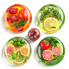 Naklejka premium Fruits and herbs in transparent bowls for skincare products