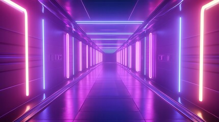 A futuristic, brightly lit corridor with pink and blue neon lights.