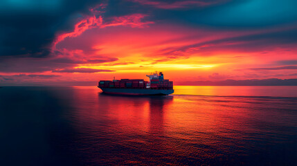 Naklejka premium The horizon lights up with a stunning sunset, casting hues of orange, pink, and purple over a cargo ship cruising through
