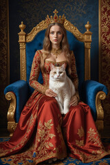Obraz premium Renaissance-style painting portrait of a queen in royal attire sitting on the throne with a cat on her lap, Generative AI 