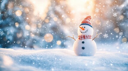 Winter scenery with a snowman and gentle snowflakes, creating a cozy and festive