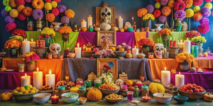 Colorful ofrenda altar for Mexico Day of the Dead celebration, Day of the Dead, Dia de los Muertos, Mexico