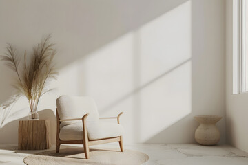 Minimalist modern living room interior background, living room mock up in scandinavian style, empty wall mockup, 3d rendering. Generative Ai.