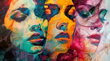Three abstract portraits of women with colorful and vibrant digital art, each with a unique color scheme.
