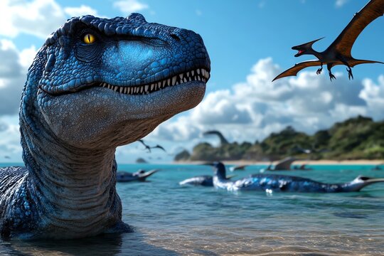 A prehistoric beach scene, where Plesiosaurs swim near the shore and pterosaurs swoop down to catch fish