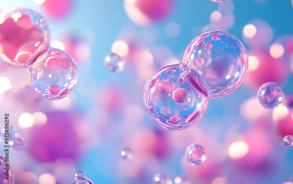 Poster a vibrant composition of floating bubbles with colorful reflections, creating an abstract and dreamy