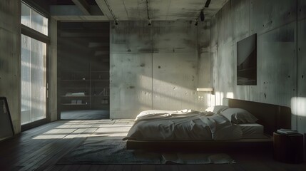 Minimalist Bedroom Interior Design With Concrete Walls And Natural Light