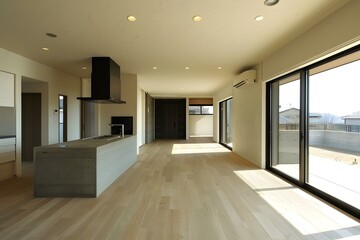 Fototapeta premium Modern Minimalist Living Room Design with Concrete Kitchen Island