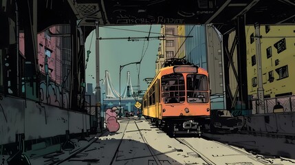 Fototapeta premium Cityscape Illustration of a Train Passing Through a Bridge in the City