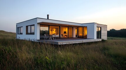 Fototapeta premium Modern House with Deck and Grass Field