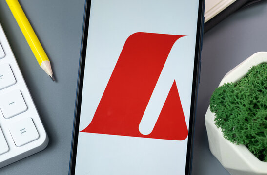 New York, USA - 30 August 2024: Landsbankinn Logo on Phone Screen, Company Icon on Display