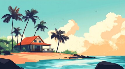 Tropical Beach House with Palm Trees and Ocean View