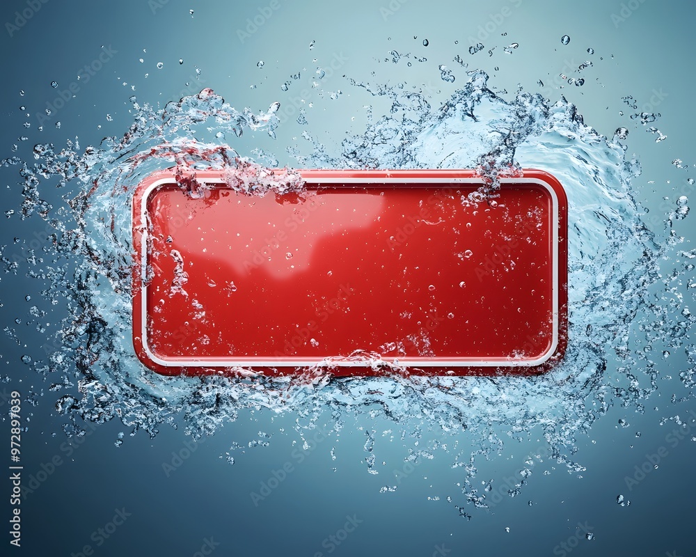 Poster a vibrant red rectangular sign splashes through clear water, creating dynamic patterns and reflectio