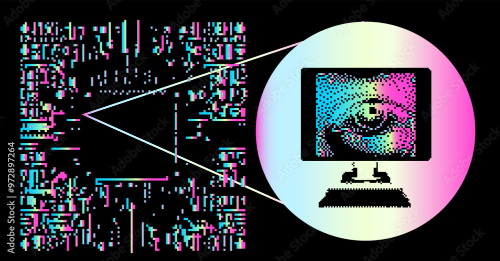 Poster Collage of pixelated and distorted images of a circuit and human eye. Concept related to artificial intelligence and digital surveillance.