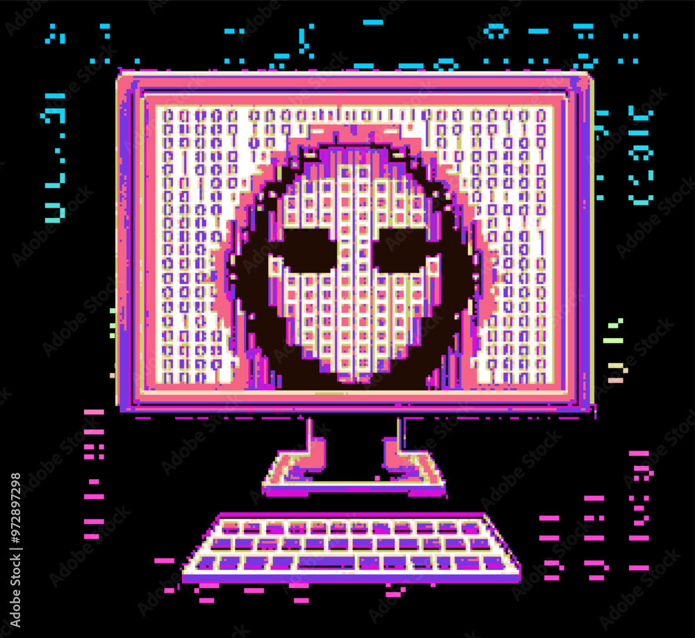 Poster Computer monitor with a face on it in cyberpunk pixel art inspired style.