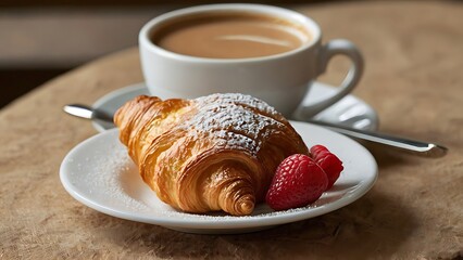 Fresh Croissant and Cup of Cappuccino with beautiful cream latte art