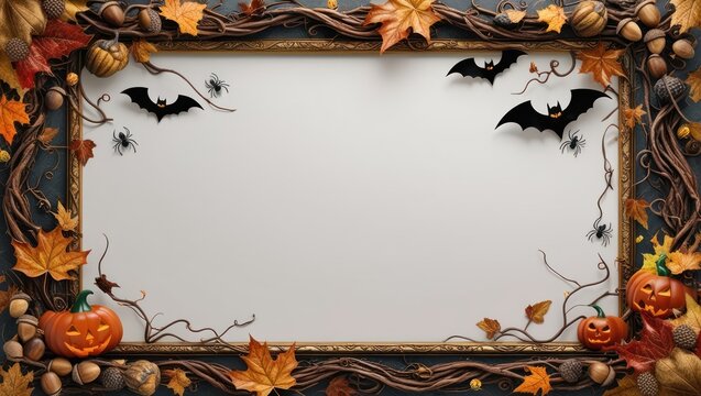 Autumn frame halloween, pumpkins and bats, background