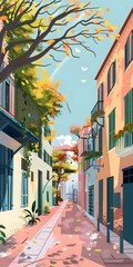 Fototapeta premium Colorful Buildings and Trees in a Narrow Street