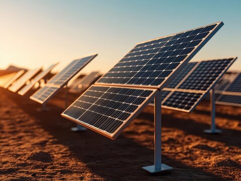 Futuristic solar farm with engineered structural elements to track the sun, modular design, and sustainable energy production