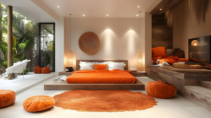 Cozy and modern bedroom with warm orange tones and natural elements.