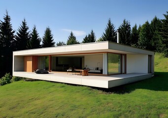 Fototapeta premium Modern Concrete House with Large Windows and Terrace