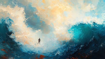 Man confronting turbulent ocean waves, Chinese brush painting style, dynamic expression of nature's might, vast expanse highlighting raw beauty and strength of the sea.