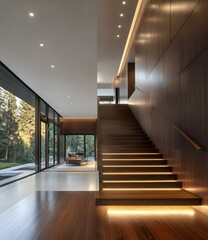 Obraz premium Modern House Interior with Wooden Stairs and Large Windows