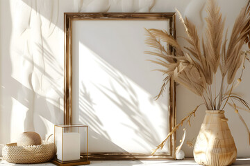 Mock up frame close up in home interior background, Boho style, 3d render. Generative Ai.