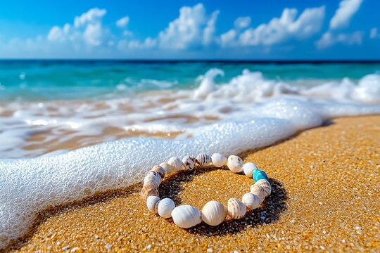 A seashell bracelet laid out on a sandy beach, with waves gently lapping at the shore in the background, creating a peaceful scene