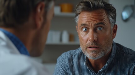 Obraz premium A concerned man shows shock during a medical consultation in a bright office setting, reflecting anxiety and uncertainty.
