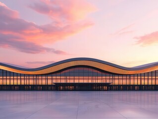 Obraz premium Futuristic airport with wave-like roof structure, supported by engineered steel frames, modern architectural design