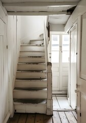 White Wooden Staircase in an Old House Interior