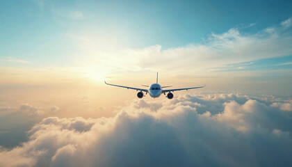Obraz premium Passenger plane flying high above clouds, showcasing sleek design and expansive blue sky.