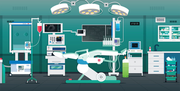 An operating room with beds and medical equipment.